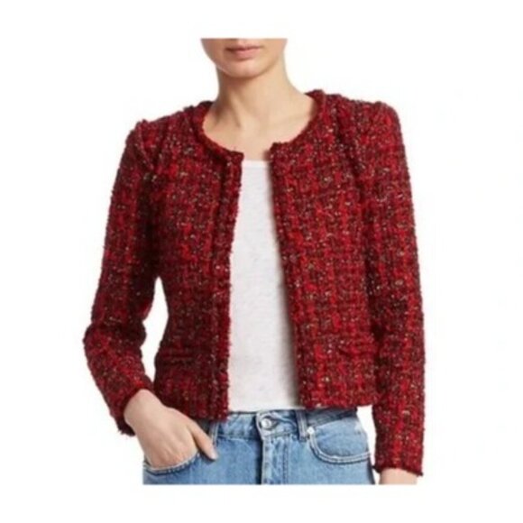 Iro Red Disco Tweed Jacket Wool Blend Red Silver Tweed Blazer Lined - Sz 4 - Picture 3 of 13